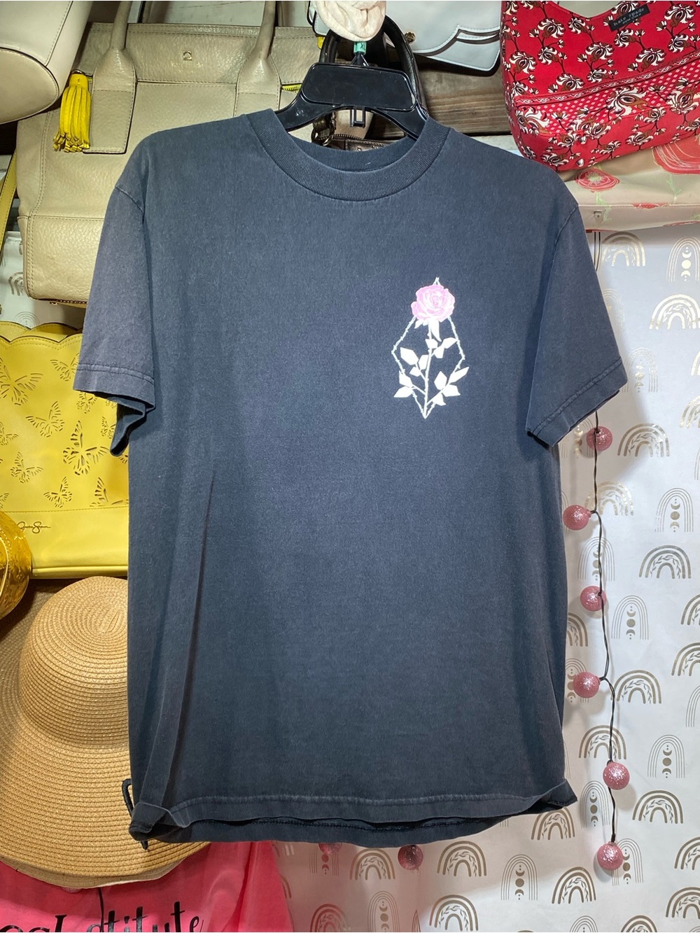 Empyre Black Short Sleeve Tee with Pink Rose Chest Graphic